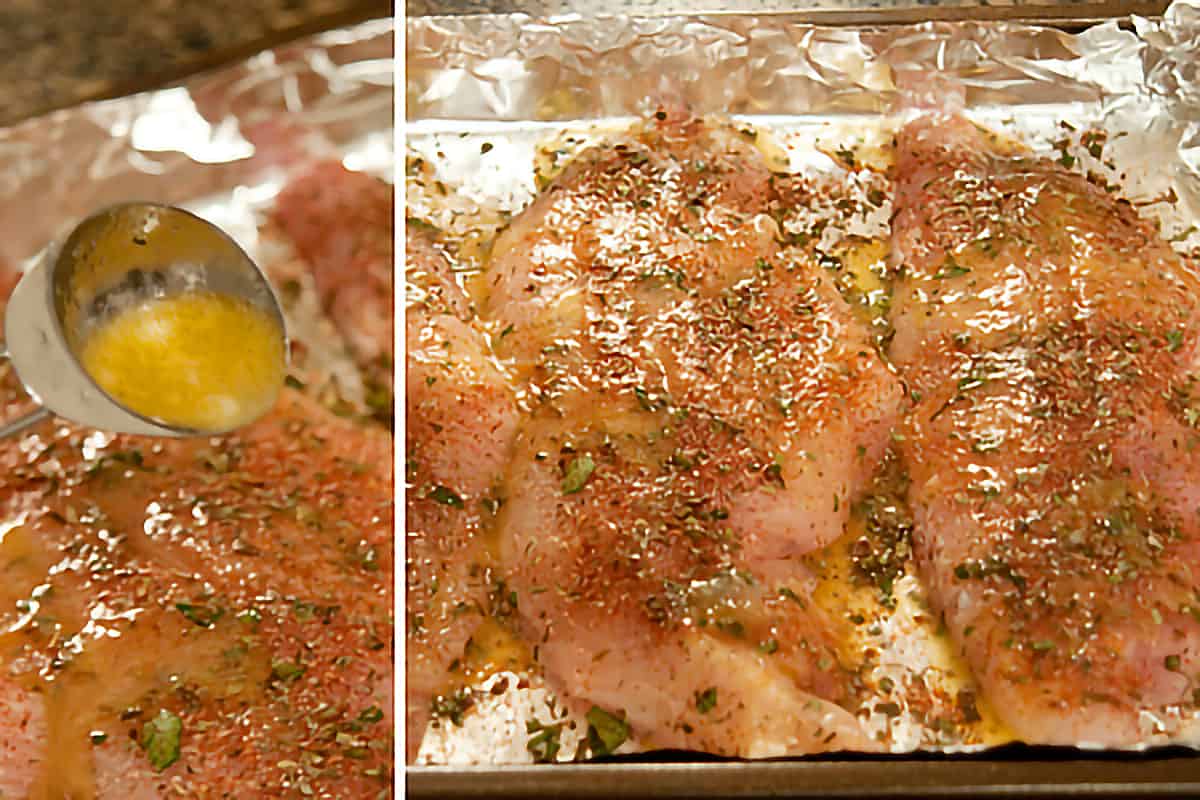 Seasoned catfish fillets on foil-lined pan drizzled with lemon-butter mixture