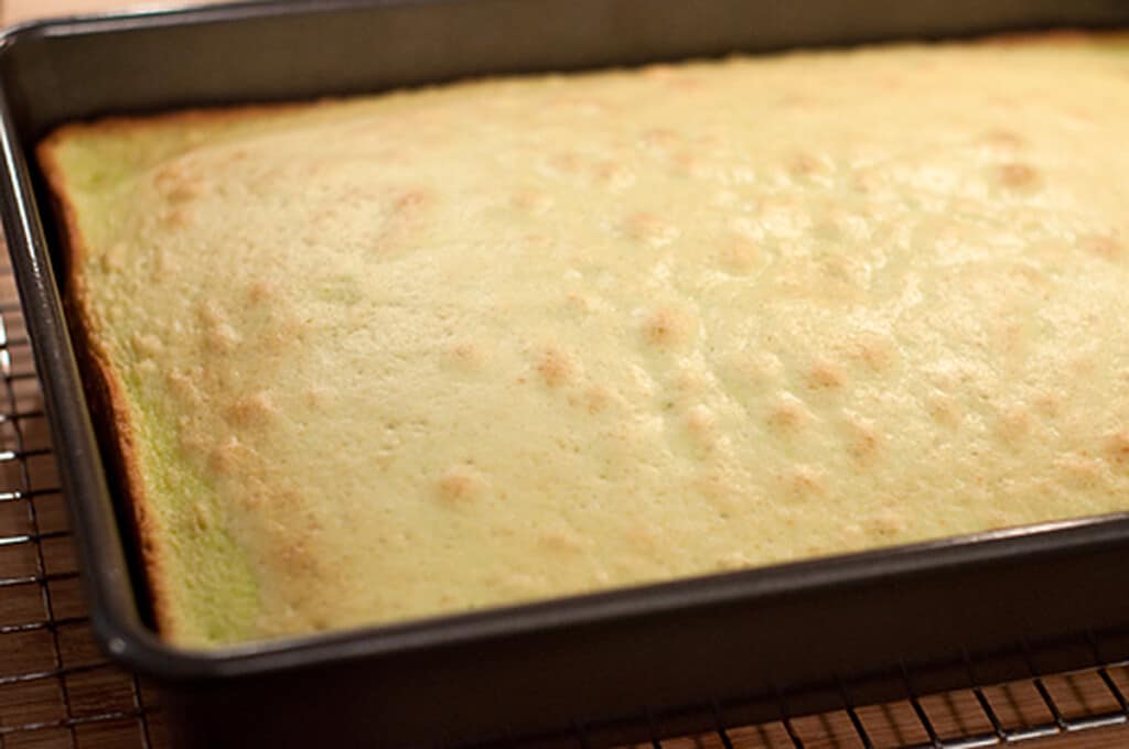 Baked cake cooling on a rack.