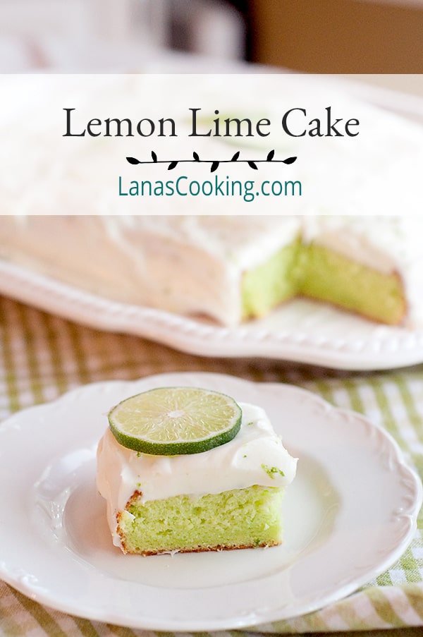 A serving of lemon lime cake on a white plate.