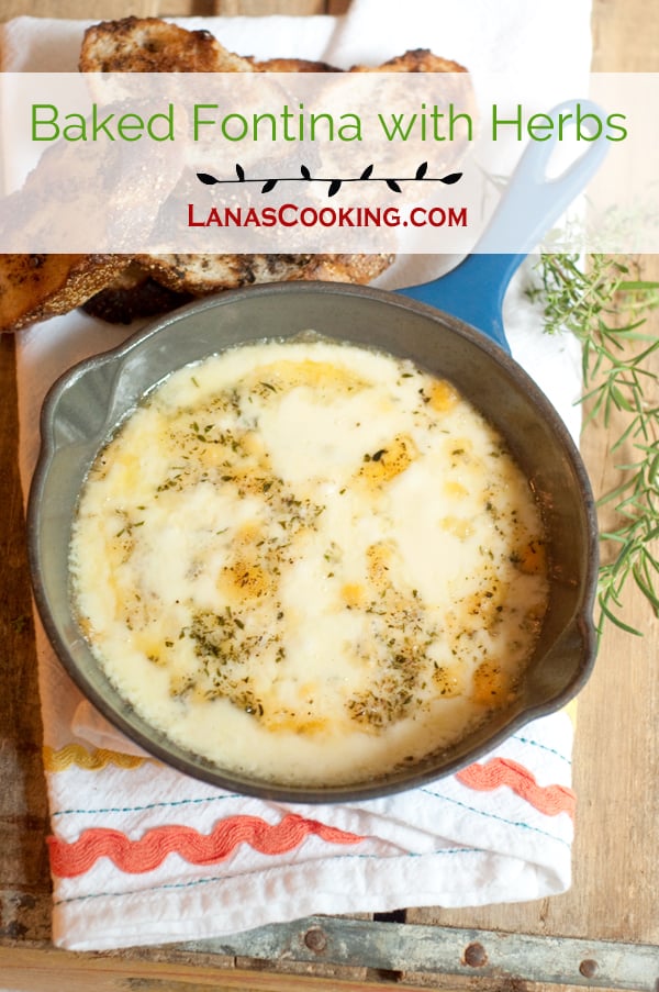 Melty, creamy Fontina cheese with olive oil, thyme, and rosemary. https://www.lanascooking.com/baked-fontina-with-herbs