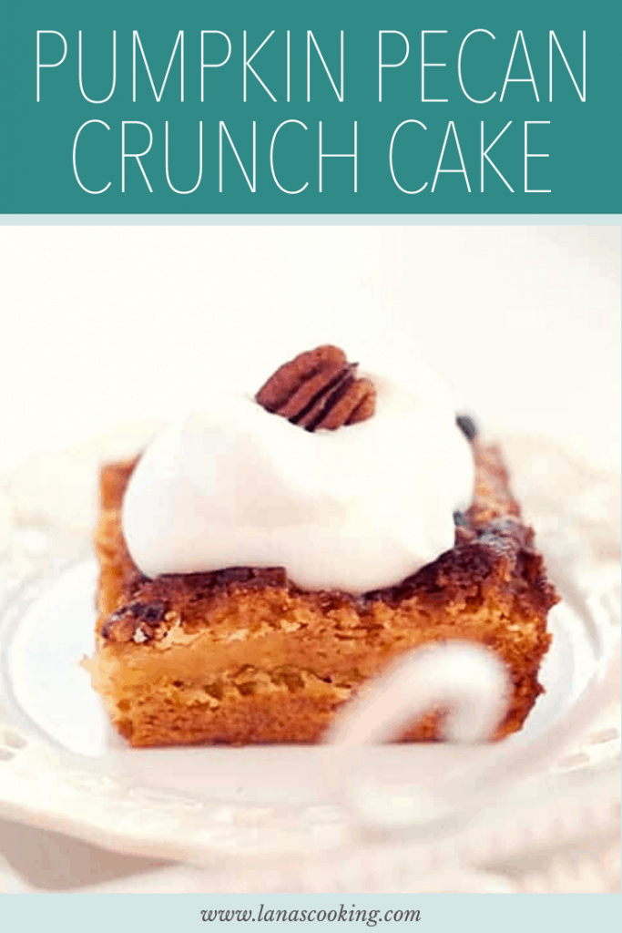 Lovely Fall flavors of pumpkin, pecans, and spices in a great old recipe using a cake mix for a shortcut! Easy to make crunch cake loved by all ages. https://www.lanascooking.com/pumpkin-pecan-crunch-cake/
