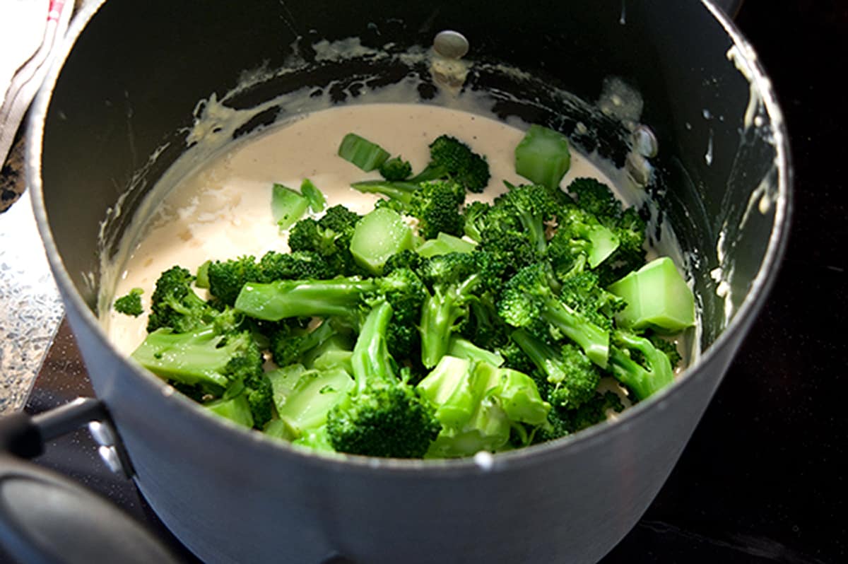 Cooked broccoli added to cheese sauce.