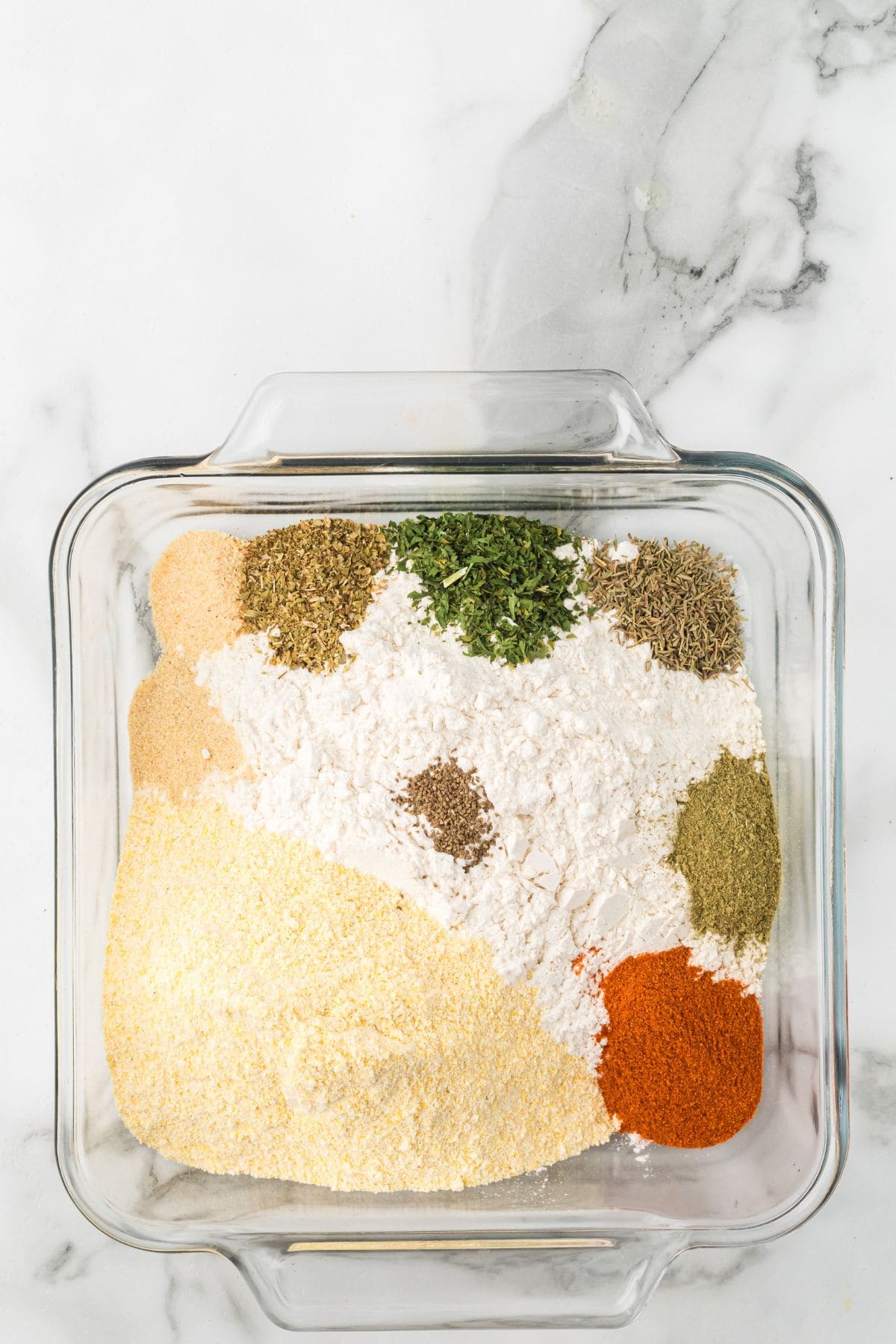 Ingredients for coating in a glass dish.