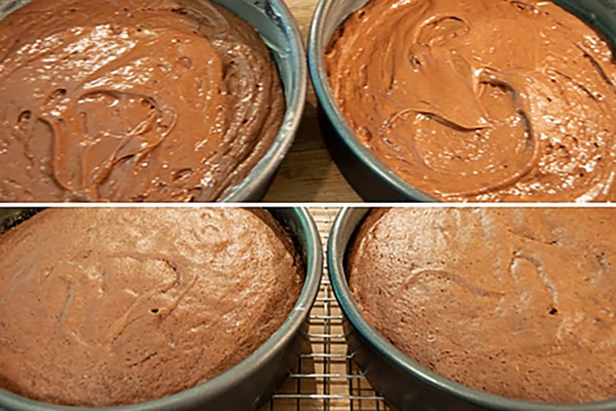 Batter in pans before and after baking.