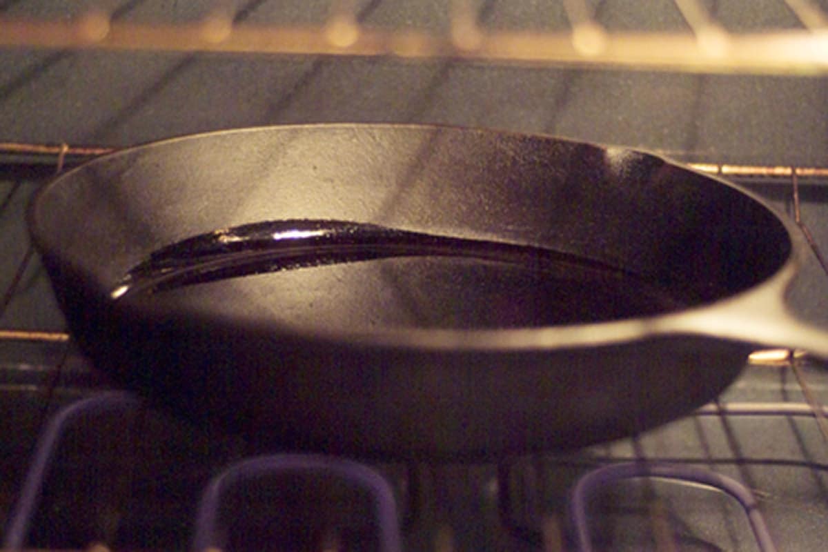 Iron skillet inside an oven.