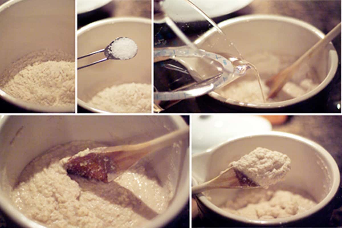 Photo collage showing the mixing of corn pone bread.