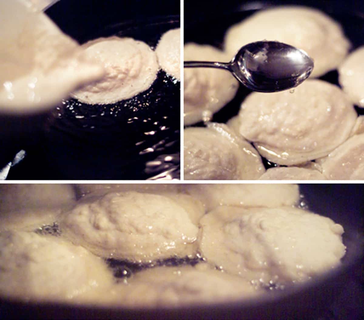 Photo collage showing the pouring and forming of corn pones in an iron skillet.
