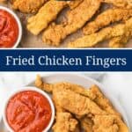 Finished fried chicken fingers with dipping sauces on the side.