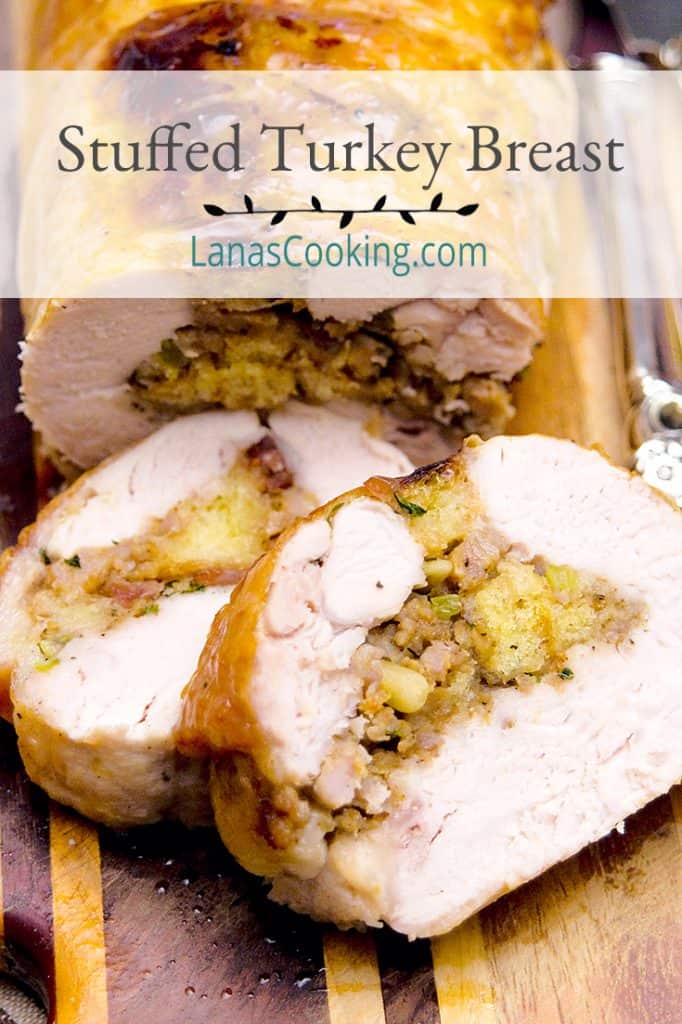 Sliced stuffed turkey breast on a serving tray; text overlay for pinning.