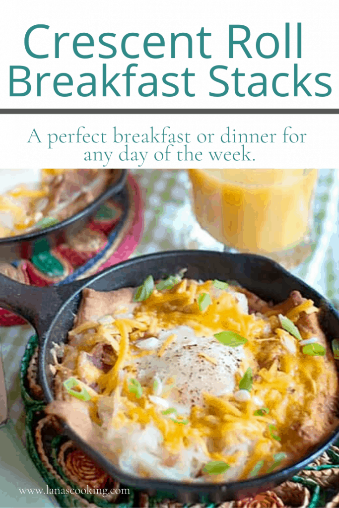 Crescent Roll Breakfast Stacks - a one-dish breakfast built atop refrigerated crescent rolls make a perfect breakfast or dinner for any day of the week. https://www.lanascooking.com/crescent-roll-breakfast-stacks/