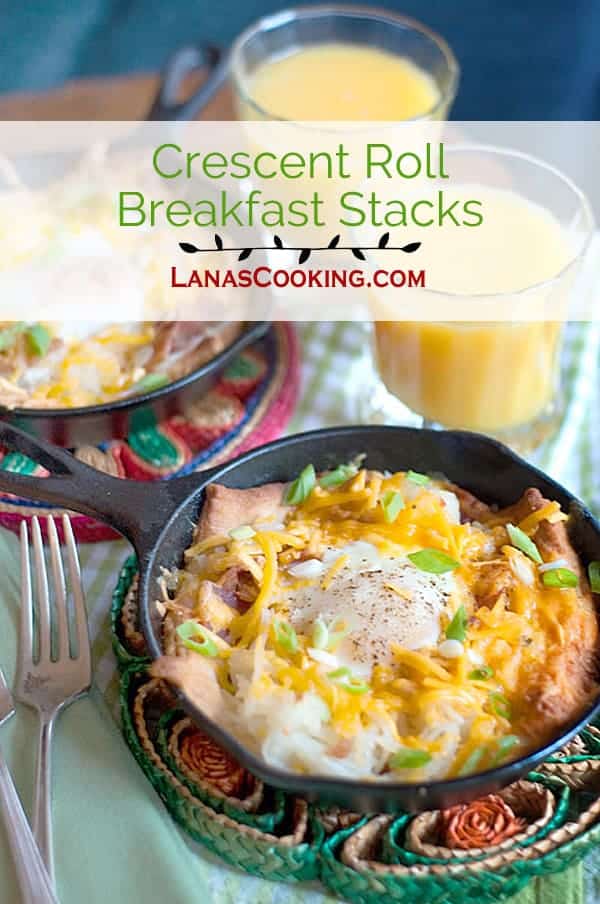 Breakfast stacks built atop Pillsbury crescents make a perfect breakfast or dinner for any day of the week. https://www.lanascooking.com/crescent-roll-breakfast-stacks/