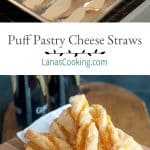 Recipe for the famous Rich's Department Store (Atlanta) Puff Pastry Cheese Straws. Sharp cheddar and Parmesan encased in light, flaky puff pastry. https://www.lanascooking.com/puff-pastry-cheese-straws/