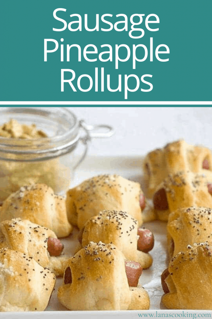 Sausage Pineapple Rollups - tangy dried pineapple combines with savory sausages in a great appetizer for football parties, tailgating, or just snacking. https://www.lanascooking.com/sausage-pineapple-rollups