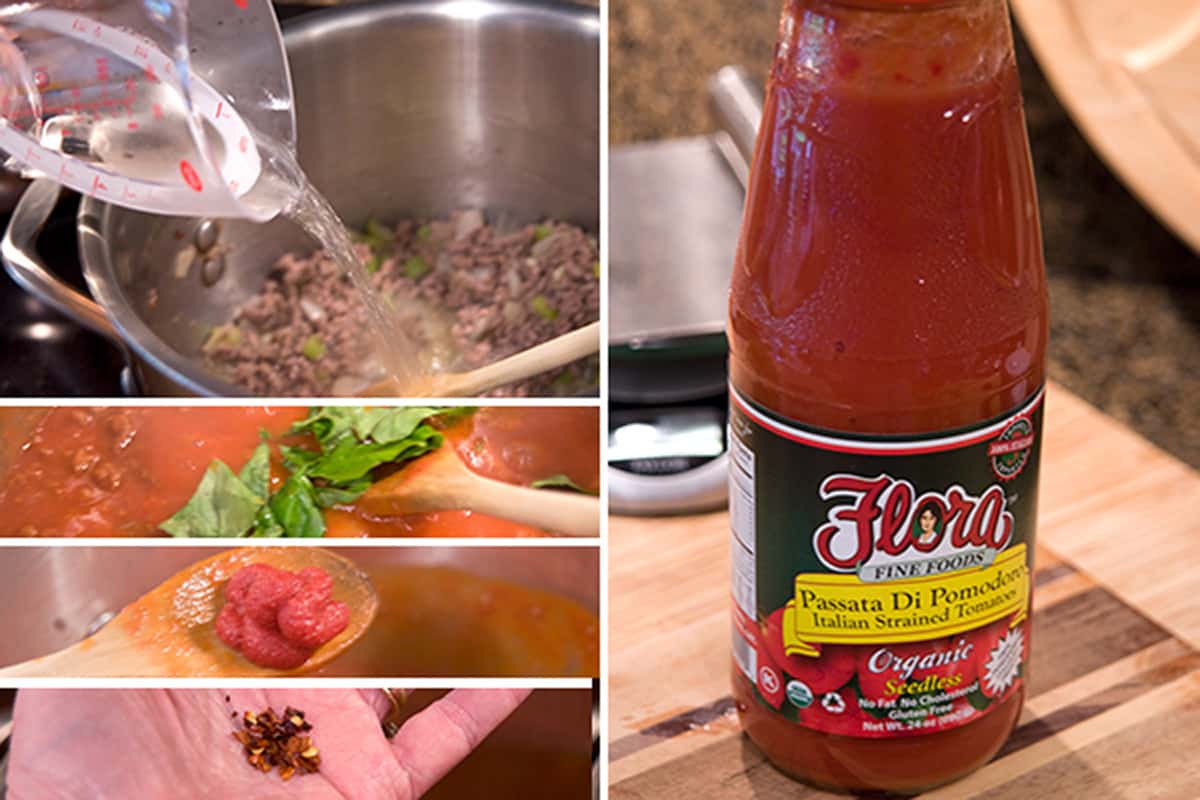Photo collage showing the additional of wine, tomatoes, and seasoning to sauce.