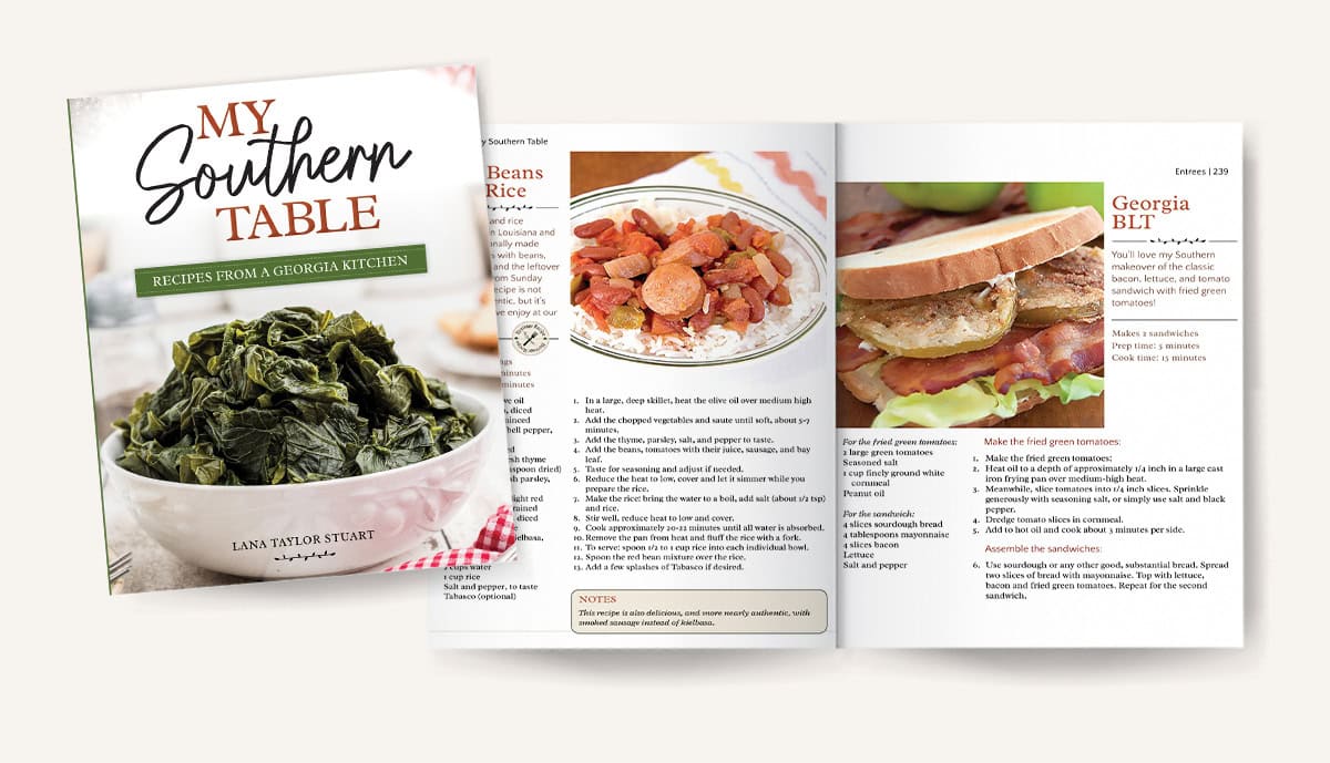 Cookbook titled My Southern Table with a bowl of greens on the cover, next to an open page showing recipes for Beans & Rice and Georgia BLT, with accompanying food photos.