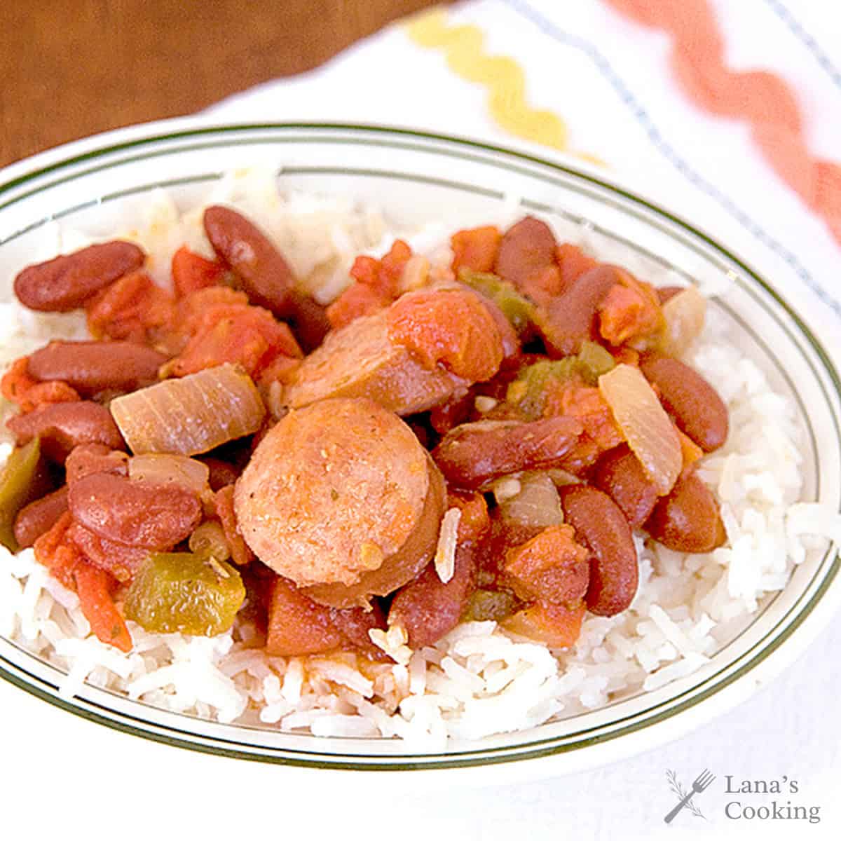 A serving of red beans and rice in a bowl.
