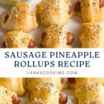 Crescent roll-wrapped sausages with pineapple, topped with seeds, served with a dip.