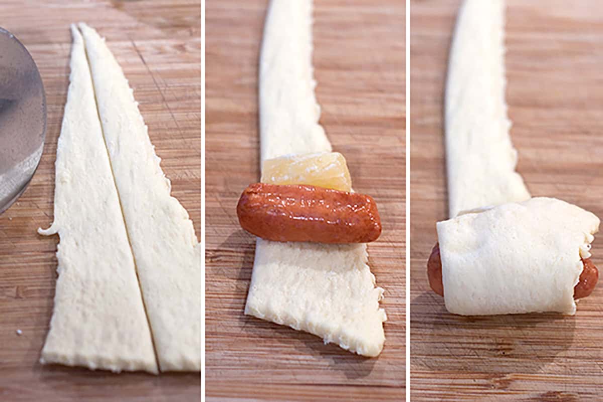 Three images show crescent dough, a sausage with cheese on dough, and the dough wrapped around the sausage.
