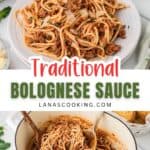 Plate and pot of spaghetti with traditional Bolognese sauce, garnished with herbs and cheese, with utensils and side dishes visible nearby. Text reads Traditional Bolognese Sauce.