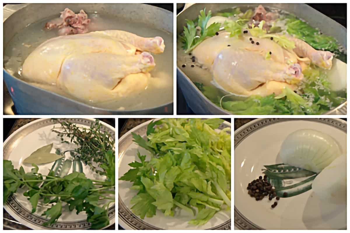 Photo collage showing a hen and herbs cooking in a large pot.