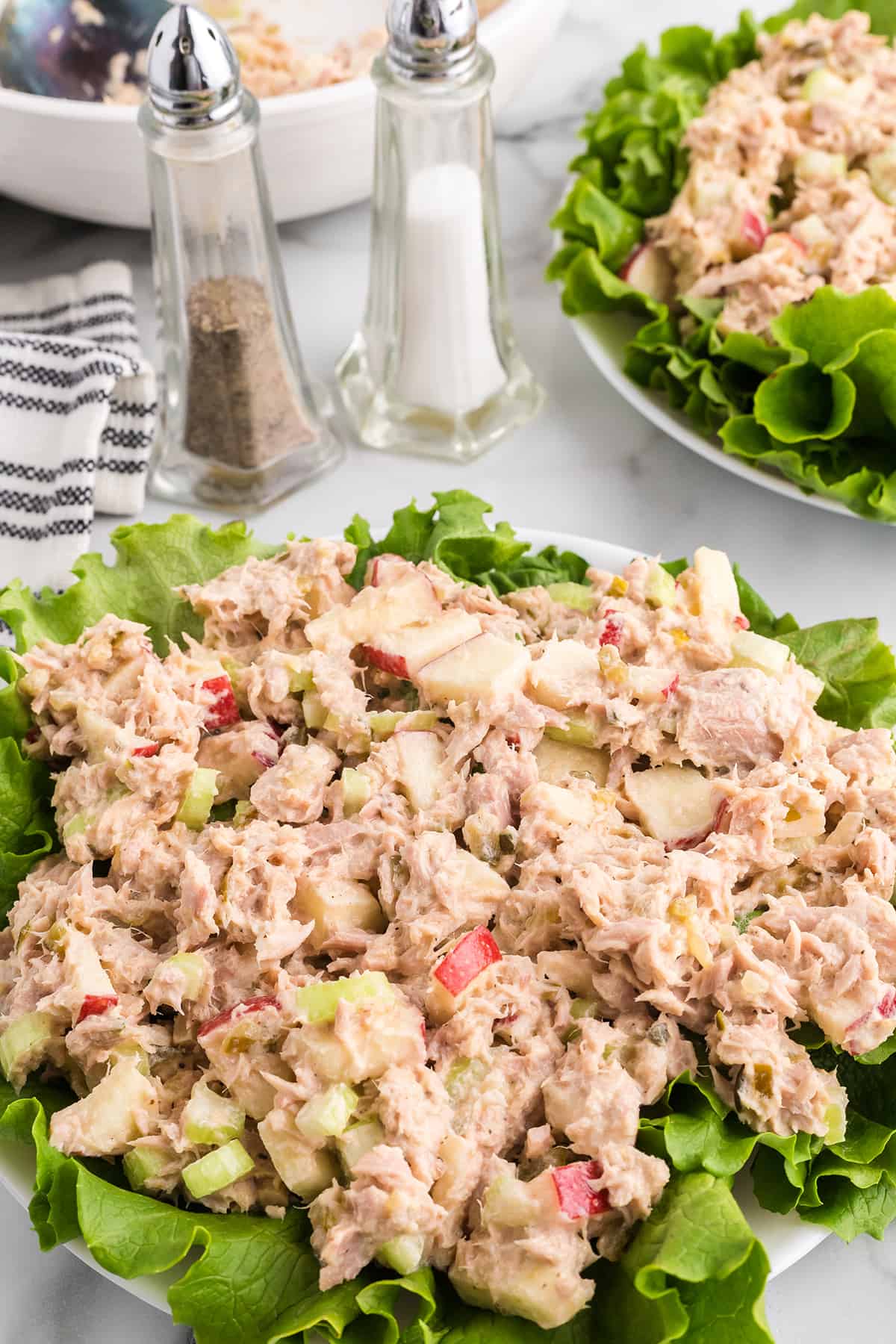 Tuna salad on a bed of lettuce.
