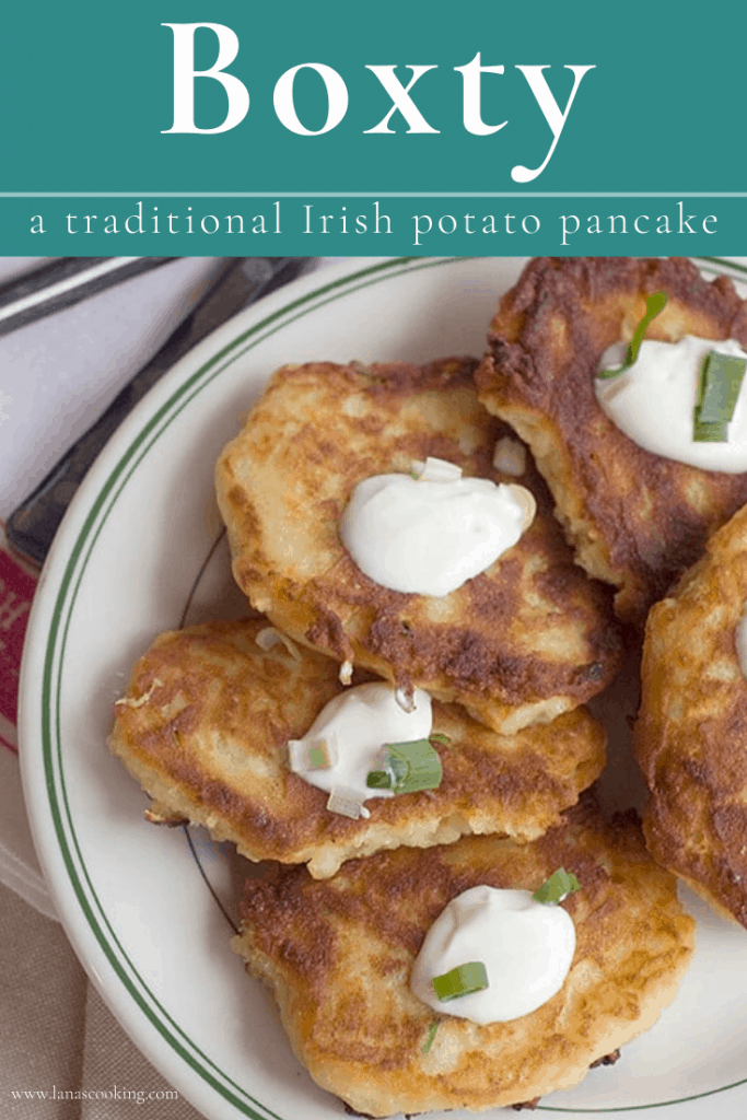 Boxty is a traditional Irish potato pancake. Serve them up hot with a dollop of sour cream and a sprinkle of green onions. https://www.lanascooking.com/boxty