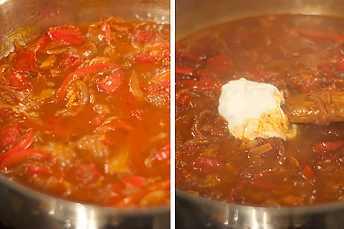 Two side-by-side pots of stew; one with tomatoes and onions, the other with cream being stirred in.