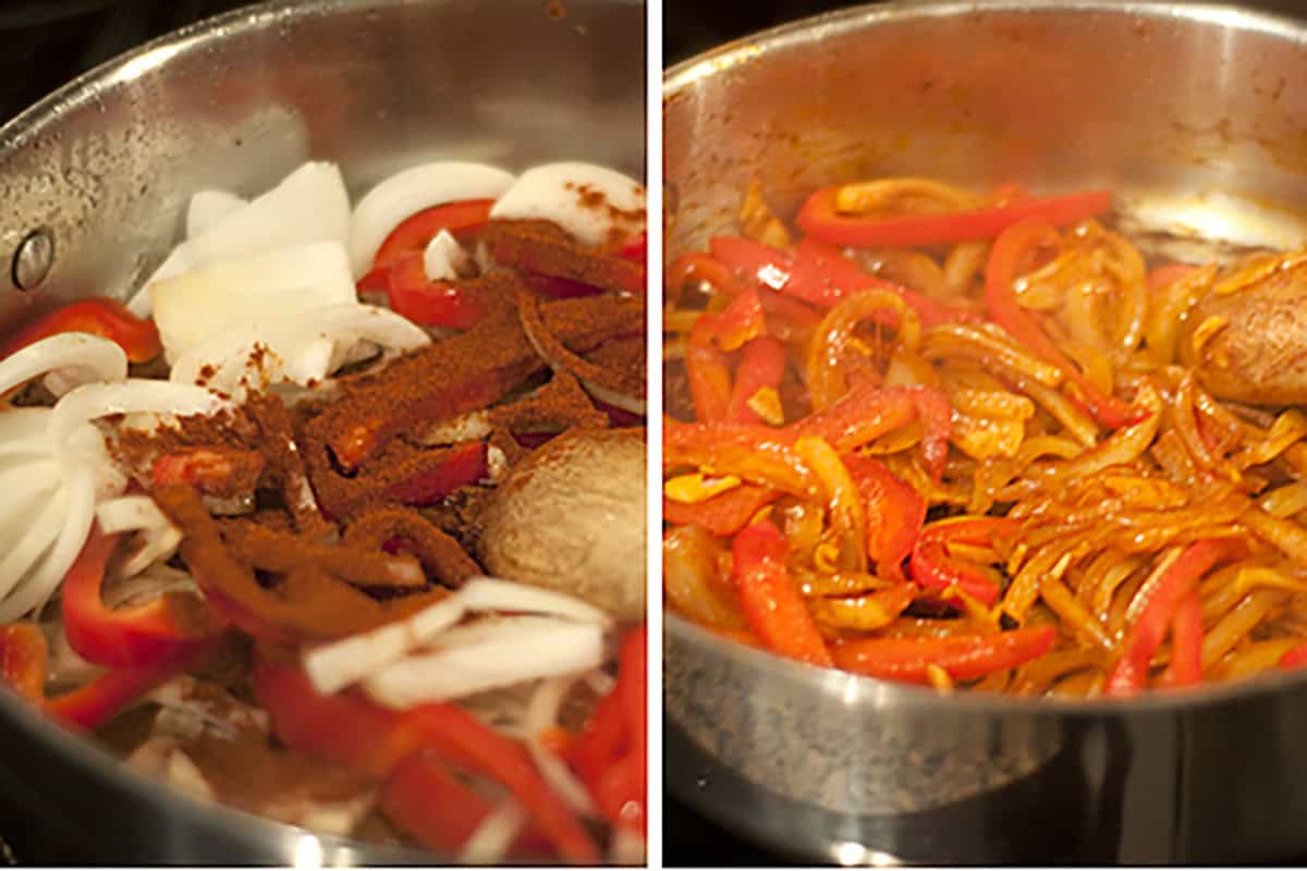Sliced onions and peppers with spices in a pan, then cooked and mixed together until tender and golden.