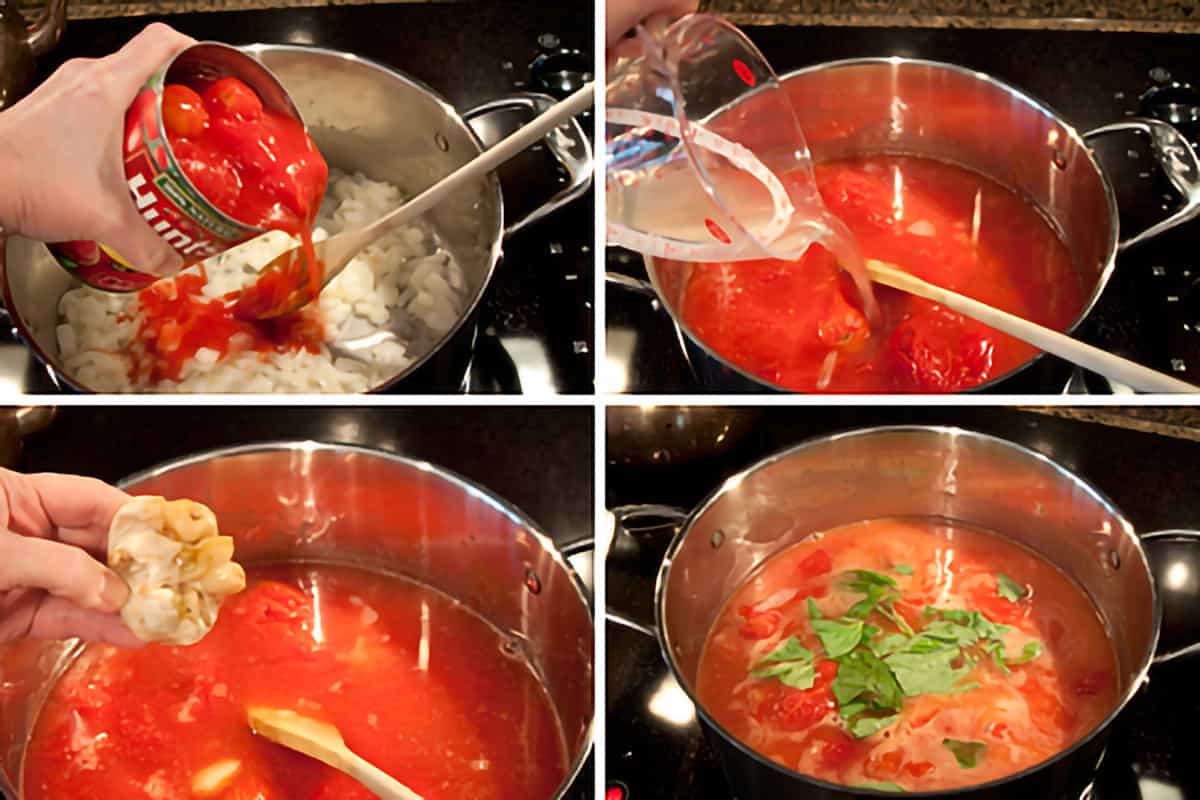 Photo collage showing the cook adding all ingredients to soup pot.