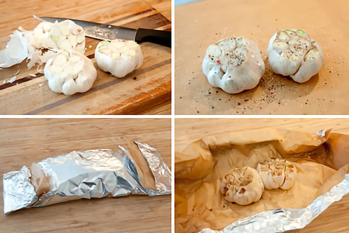 Photo collage showing steps of how to roast garlic.