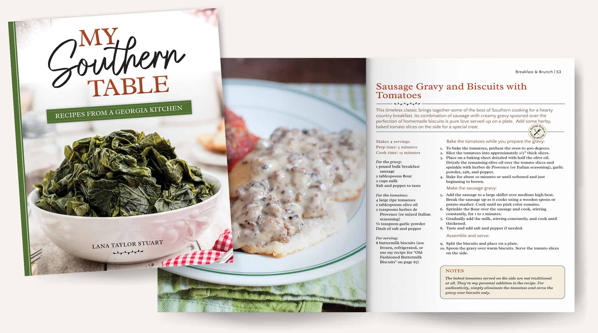 Cookbook mockup showing pages 52-53.