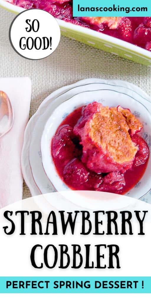 A serving of strawberry cobbler in a china dish with a spoon and napkin alongside.