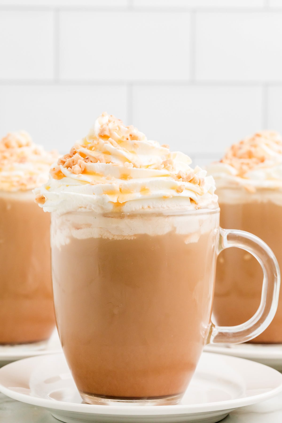 Caramel mocha latte in a glass cup.