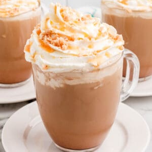 Caramel mocha latte in a glass cup.