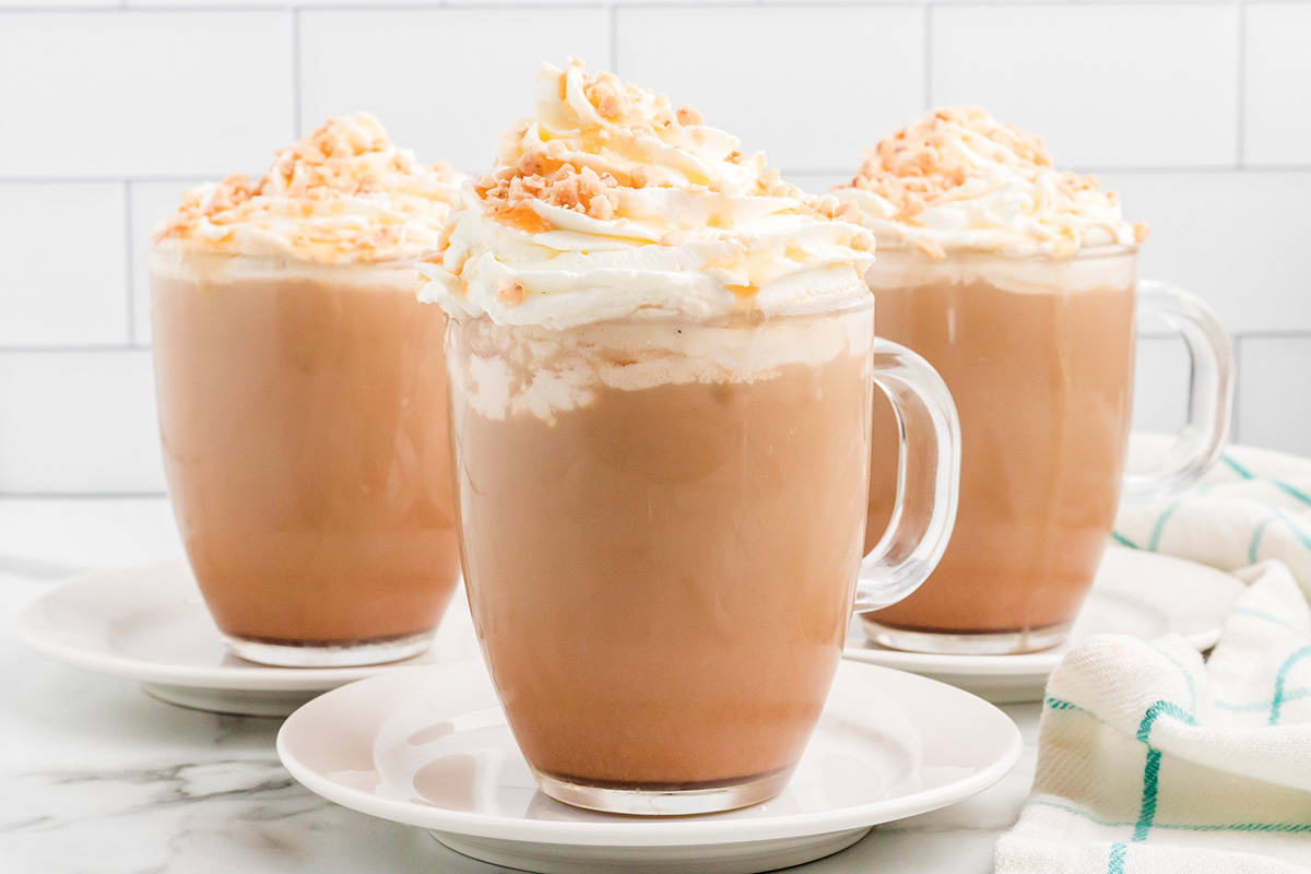 Caramel mocha latte in a glass cup.