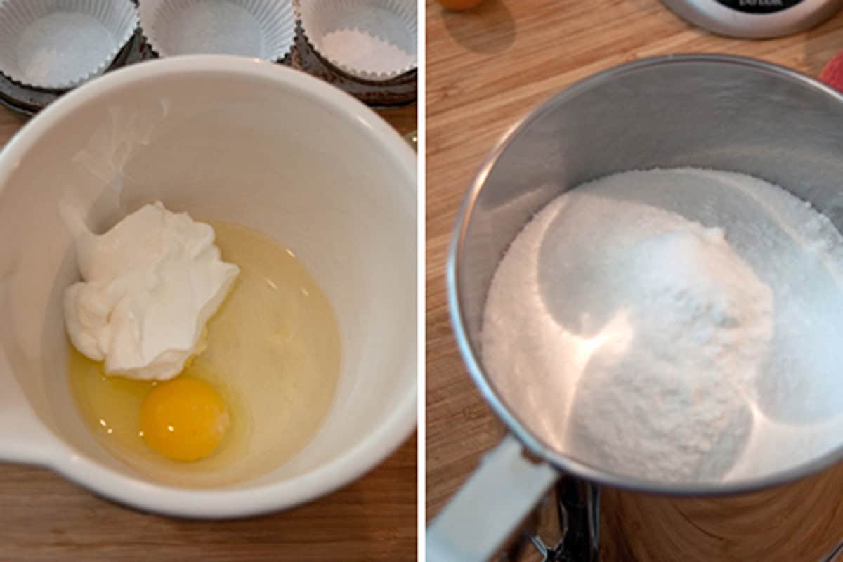 Left: Egg, oil, and sour cream in a bowl. Right: Sugar in a metal bowl. Cupcake liners in the background.