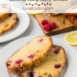 Two slices of lemon raspberry bread on a white plate.