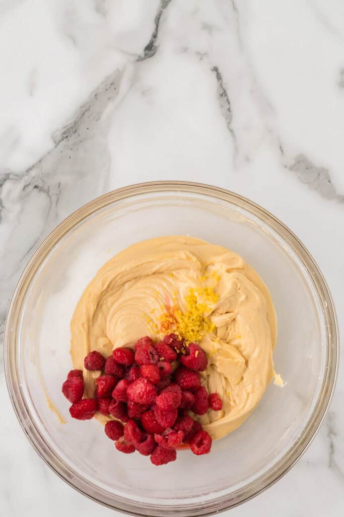 Raspberries and lemon zest added to the batter.
