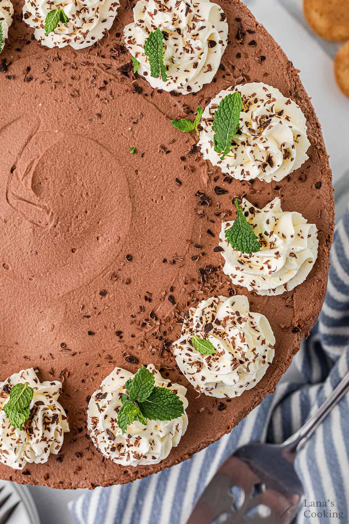 Chocolate cheesecake topped with swirls of whipped cream, chocolate shavings, and fresh mint leaves, displayed on a striped cloth.