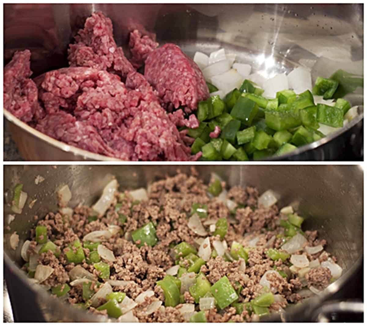 Photo collage showing ingredients for the meat mixture in a pot both raw and cooked.