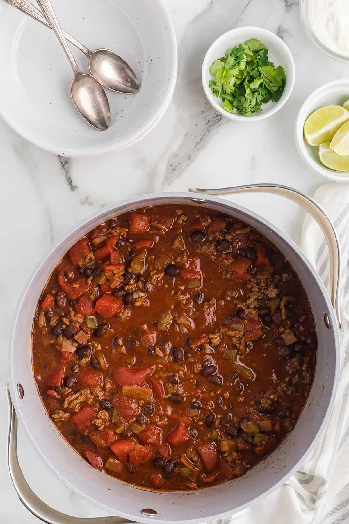 Chili in the pot after simmering for 30 minutes.
