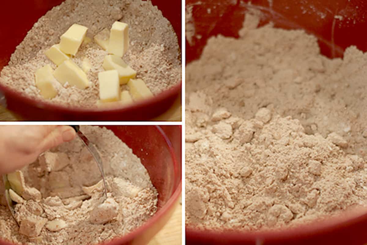 Cutting butter into dry ingredients.
