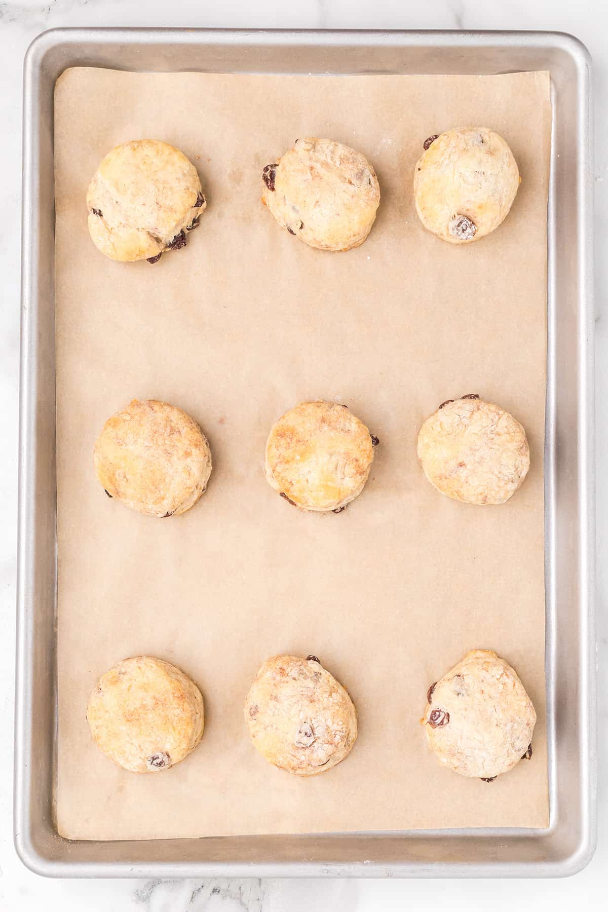 Nine biscuits with raisins on a parchment-lined baking sheet, ready for the oven.