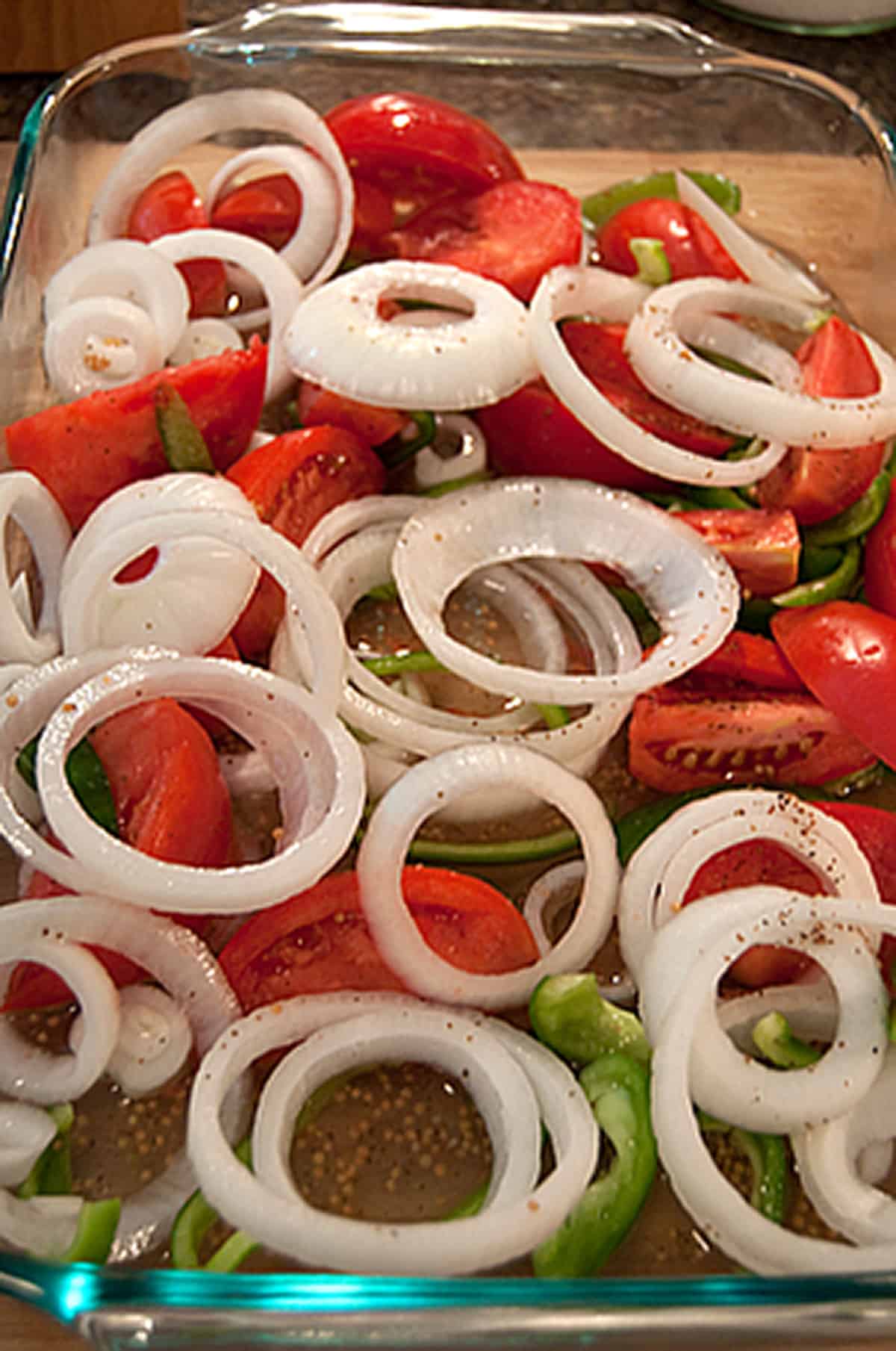 Hot marinade poured over the vegetables.