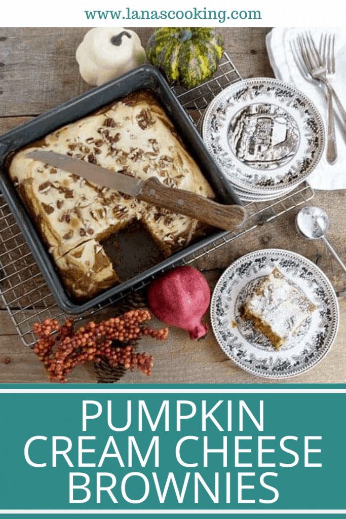 Pumpkin Cream Cheese Brownies - a cake-like pumpkin brownie with a swirled cream cheese layer. A fabulous dessert for fall dinners. https://www.lanascooking.com/pumpkin-cream-cheese-brownies/