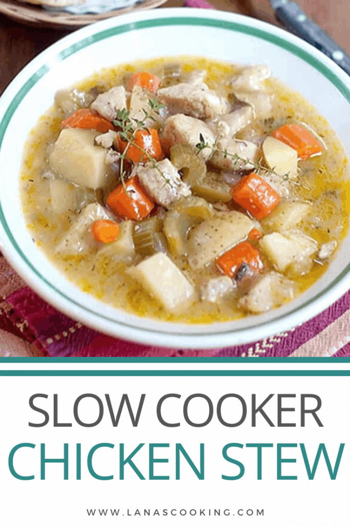 This Slow Cooker Chicken Stew is a perfect family dinner on a cool Fall evening. Best served with a side of buttered biscuits! https://www.lanascooking.com/slow-cooker-chicken-stew