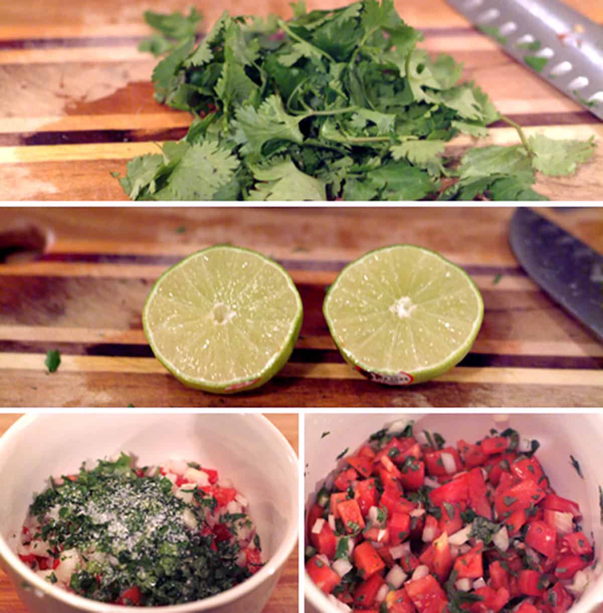 Collage showing chopped cilantro, halved limes, and all ingredients in a mixing bowl.