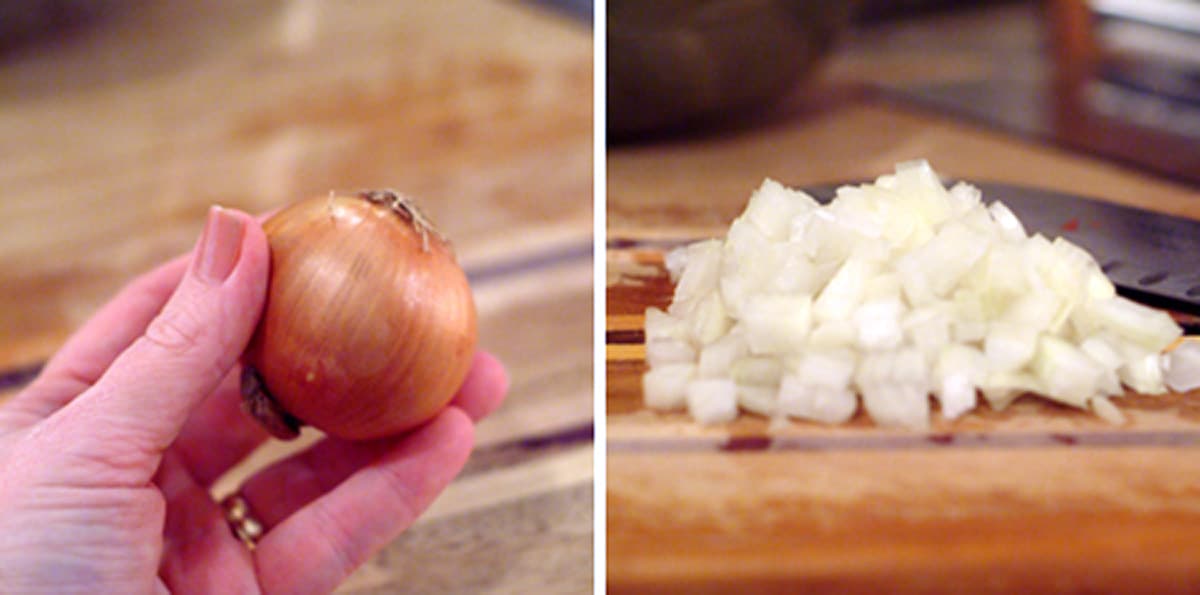 A whole onion (left) and chopped finely (right).