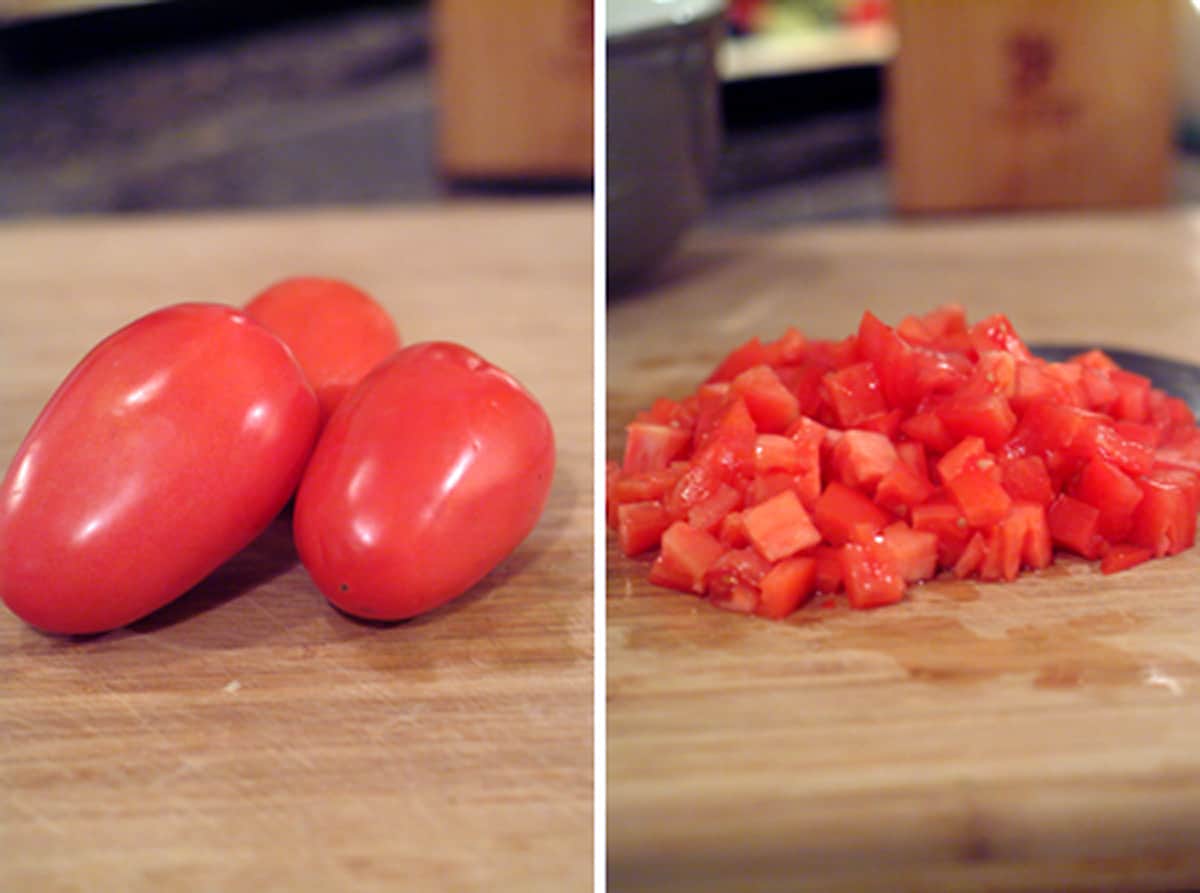 Roma tomatoes whole (left) and prepped (right).