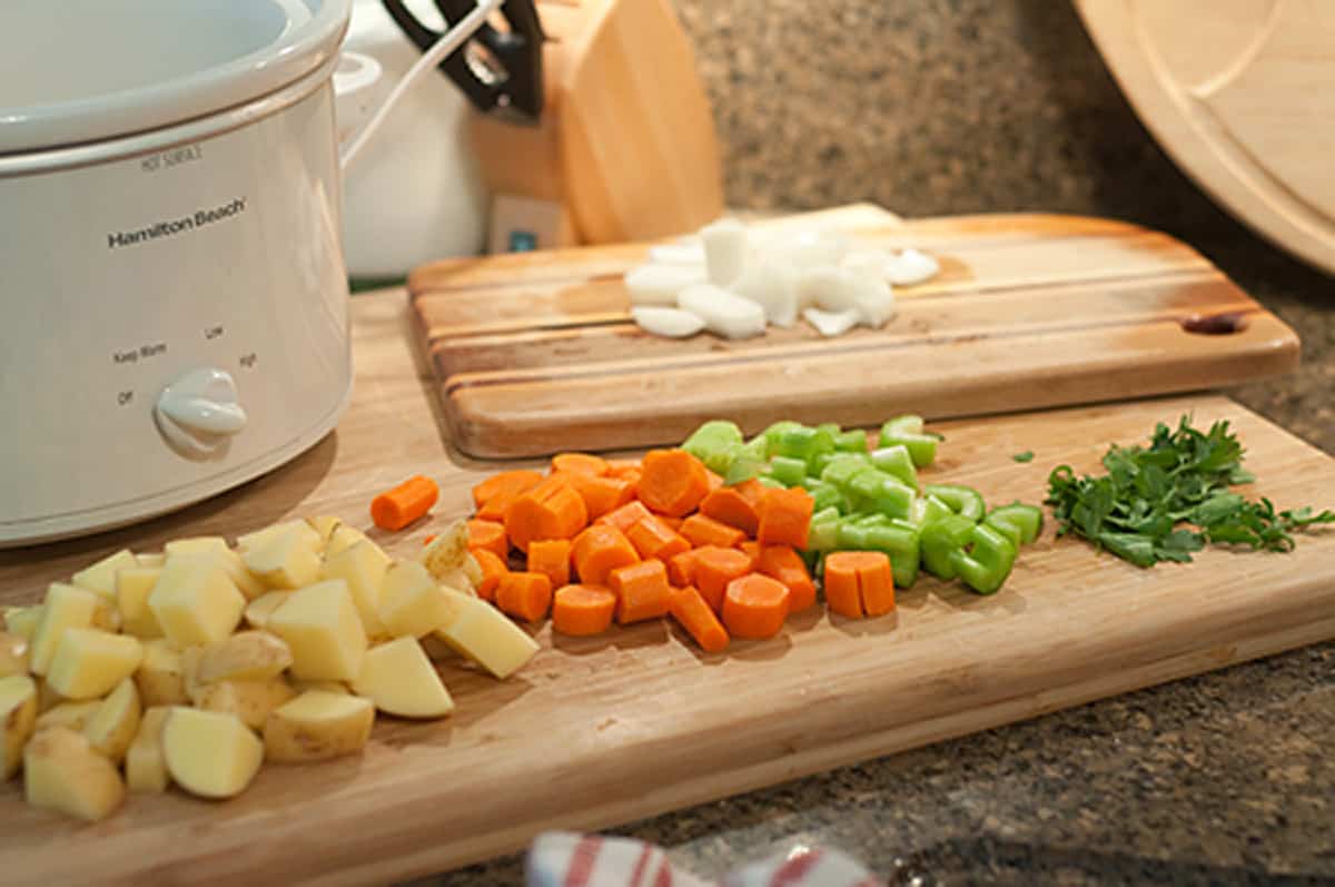 Prepping vegetables for chicken stew.